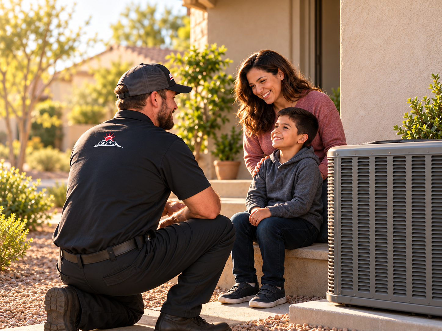 An SC Mechanical technician sharing a warm moment with a mother and son beside their home's HVAC system